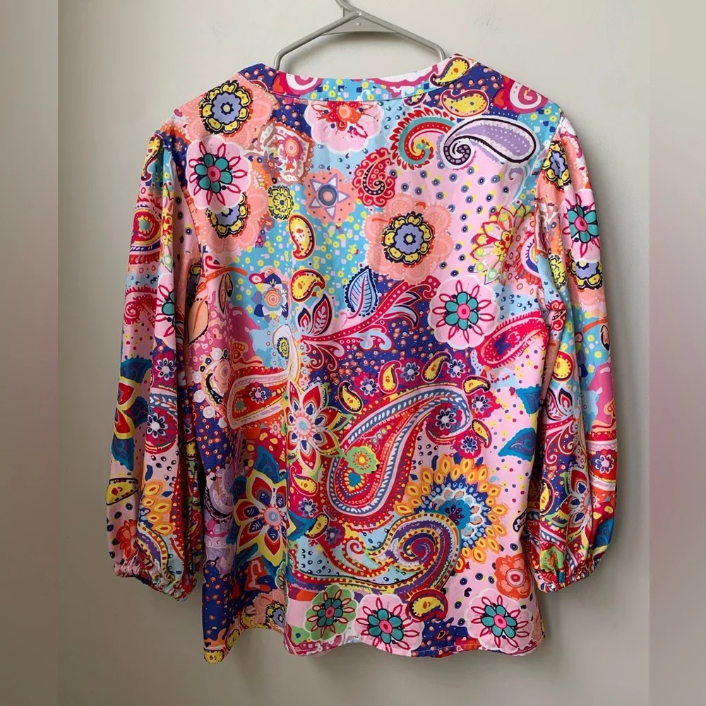 NORA CORA Women’s Split V-neck Button-down 3/4 Elastic Balloon Sleeve Blouse